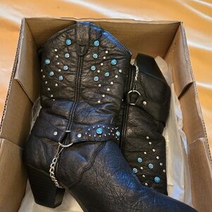 Black Leather Ankle Boots with Turquoise Accents